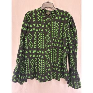 D'IYANU 3X African Print Cotton Blouse Black‎ Green Bell Sleeve Button Top